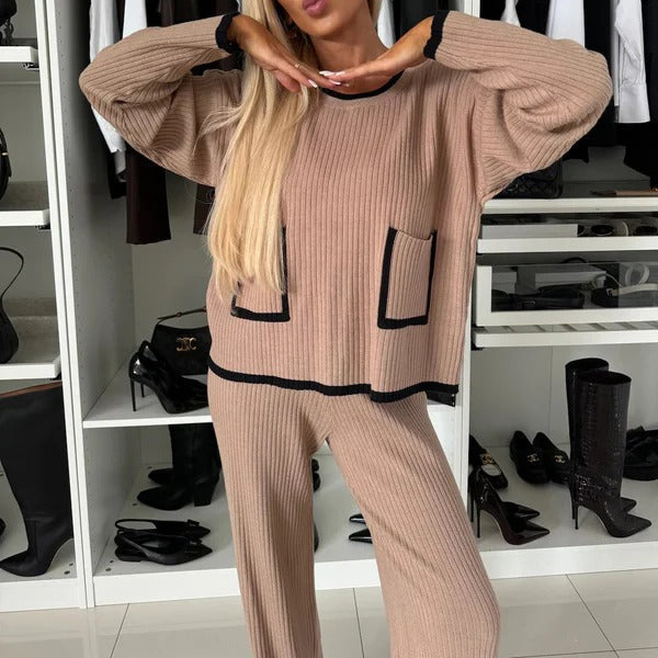 Women’s Two-Piece Loungewear Set – Ribbed Knit – Relaxed Fit – Contrast Trim – Full Length Sleeves