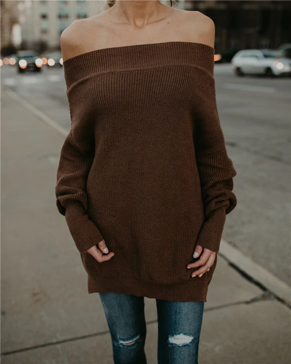 Women’s Sweater – Off-Shoulder – Oversized Fit – Ribbed Cuffs – Knitted Wool Blend