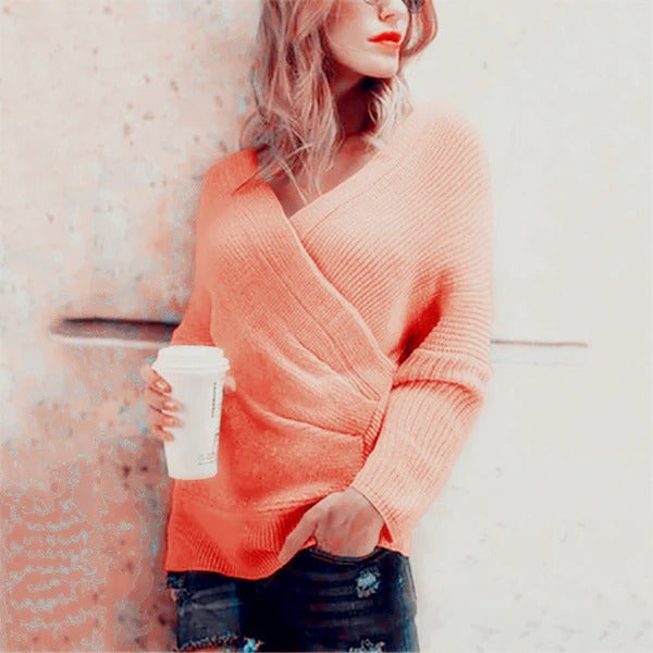 Women’s Wrap Sweater – Textured Knit – V-Neck – Relaxed Fit – Ribbed Hem – Hip Length