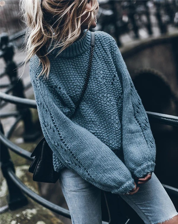 Women’s Pullover Sweater – Chunky Knit – Oversized Fit – Turtleneck Eyelet Detail