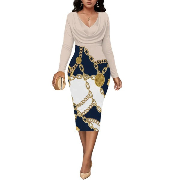 Women’s Midi Dress – Fitted Silhouette – Wrap Neckline – Long Sleeve – Chain Detail