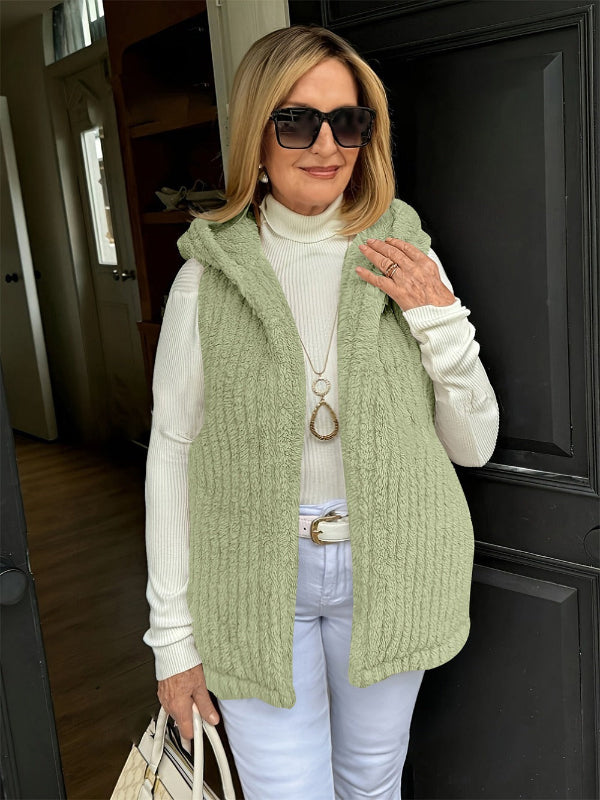 Women’s Hooded Vest – Plush Fuzzy Texture – Relaxed Fit – Sleeveless Open Front