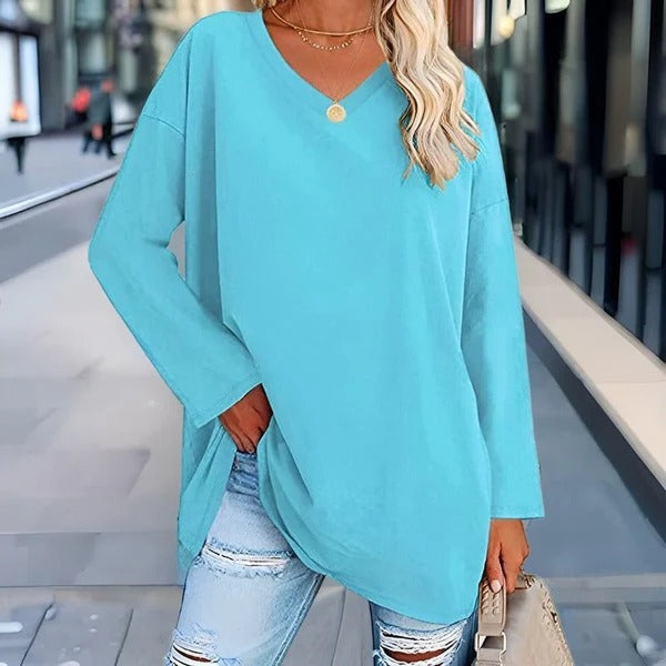 Women’s Long Sleeve Shirt – Oversized Fit – Soft Cotton – V-Neck Casual Style