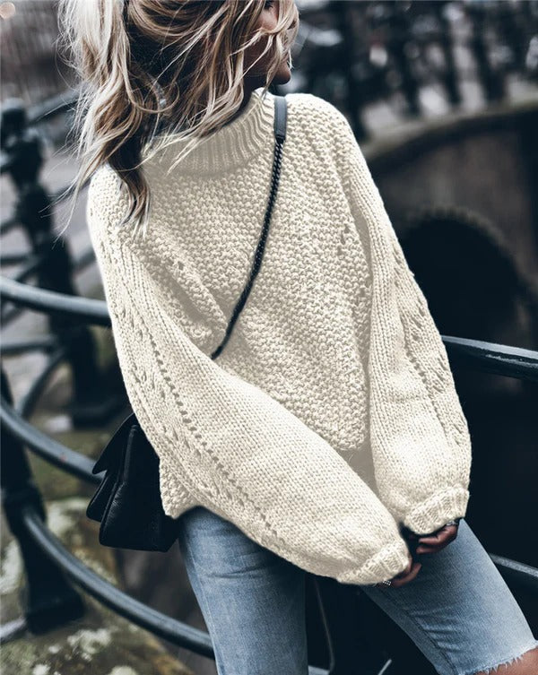 Women’s Pullover Sweater – Chunky Knit – Oversized Fit – Turtleneck Eyelet Detail