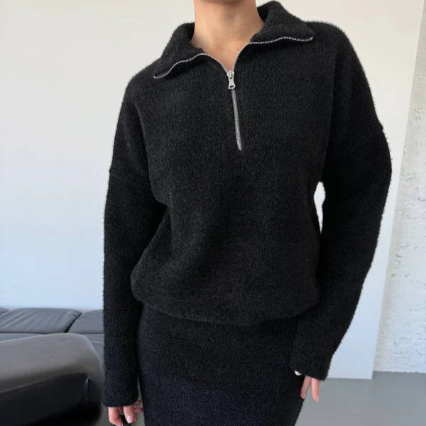 Women’s Pullover Sweatdhirt – Wool Blend – Loose Fit – Half Zip Mock Neck – Hip Length