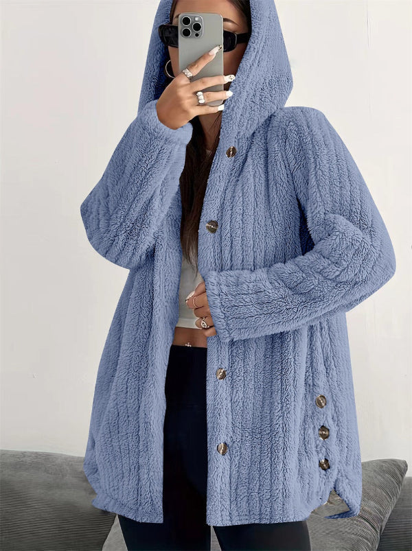Women’s Plush Coat – Hooded – Loose Fit – Long Sleeve – Soft Faux Fur – Mid Thigh Length