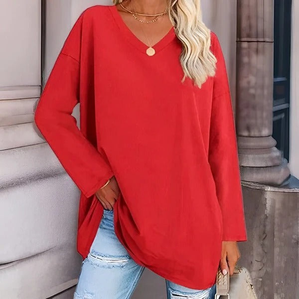 Women’s Long Sleeve Shirt – Oversized Fit – Soft Cotton – V-Neck Casual Style