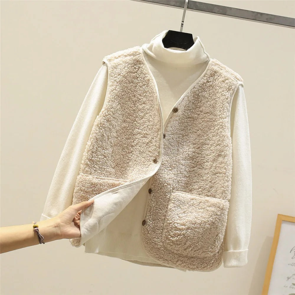 Women’s Puffer Gilet – Sherpa Fleece – Relaxed Fit – Button Front – Sleeveless Layering