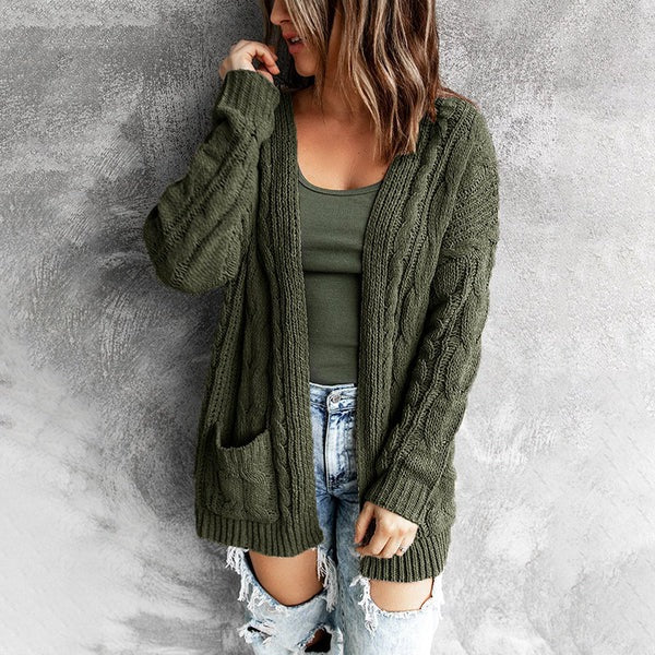 Women’s Knitted Cardigan – Relaxed Fit – Cable Knit – Open Front – Front Pockets