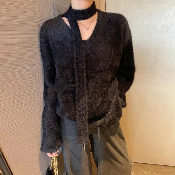Women’s Pullover Sweater – Oversized Fit – Chunky Wool Knit – Deep V-Neck Band Detail