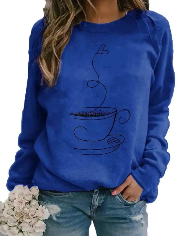 Women’s Sweatshirt – Relaxed Fit – Cotton Blend – Coffee Cup Graphic – Crew Neck