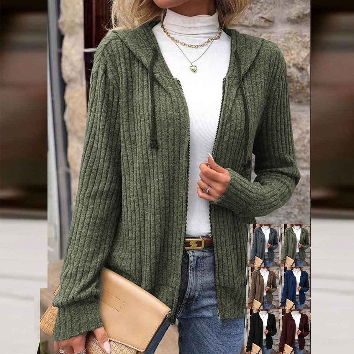 Women’s Knit Sweater – Relaxed Fit – Ribbed Texture – Zipper Front – Hooded – Long Sleeve