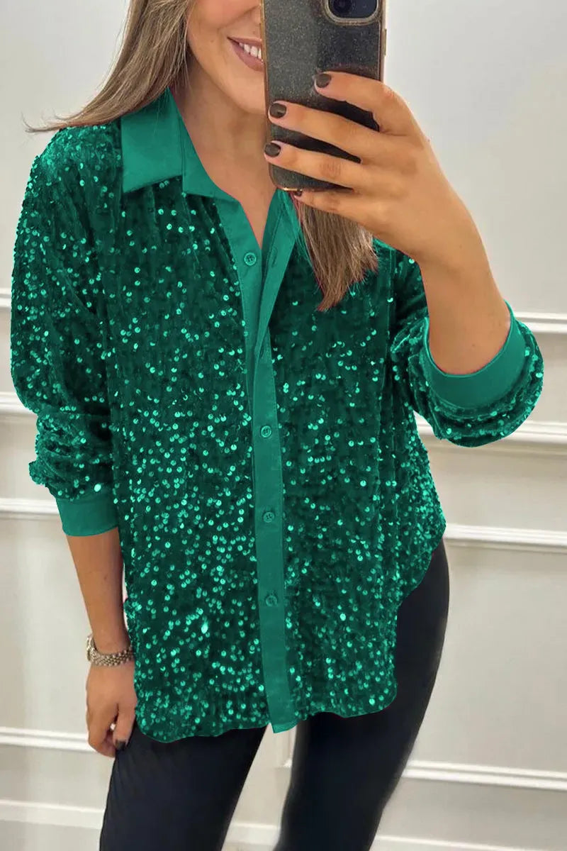 Women’s Sequin Shirt – Relaxed Fit – Button-Up – Long Sleeve Party Wear