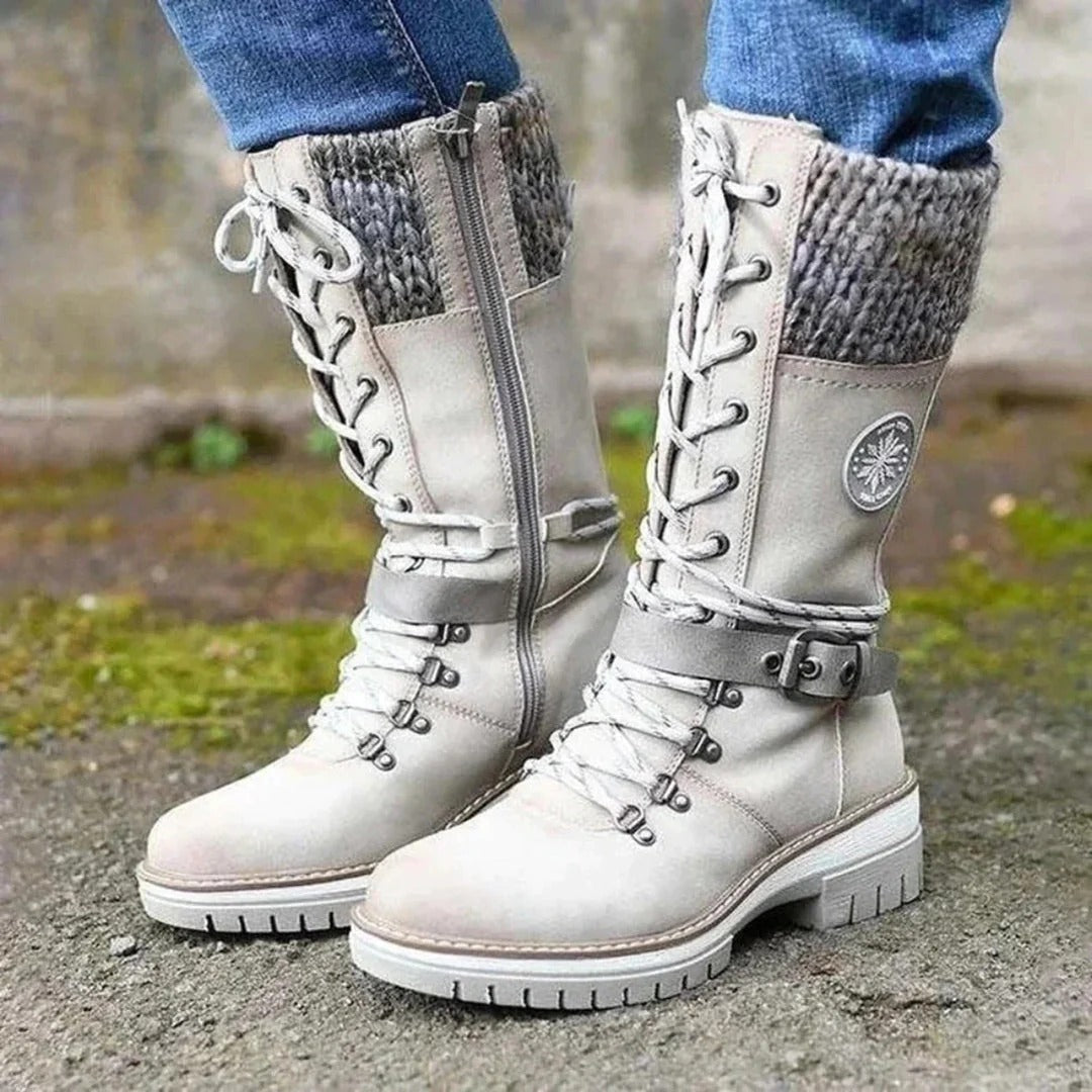 Women’s Knee-High Boots – Lace-Up – Wool Knit Cuff – Side Zipper – Buckle Strap