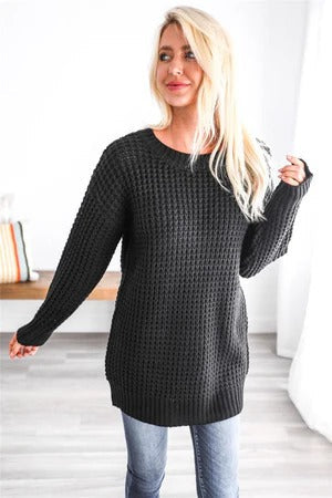 Women’s Sweater – Oversized Fit – Chunky Knit Wool – Honeycomb Texture – Ribbed Trim