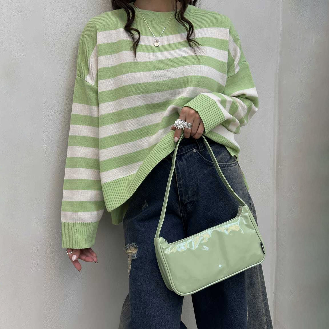 Women’s Pullover Sweatshirt – Loose Fit – Striped Knit – Ribbed Crew Neck and Hem