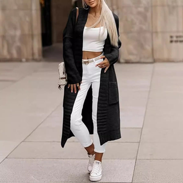 Women’s Long Cardigan – Soft Knit – Oversized Fit – Open Front – Front Pockets