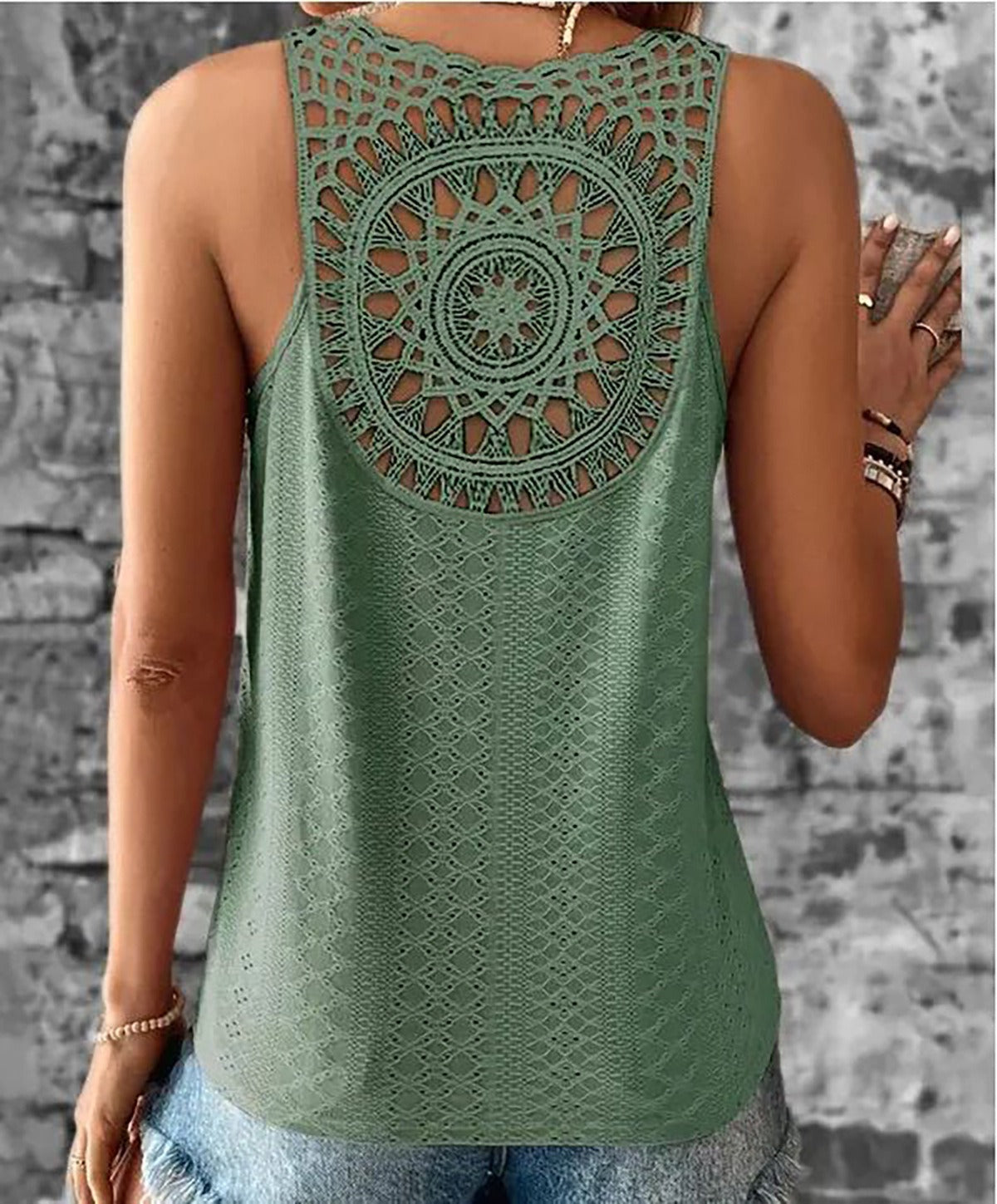 Women’s Sleeveless V-Neck T-Shirt – Relaxed Fit – Lace Straps – Eyelet Cotton Blend