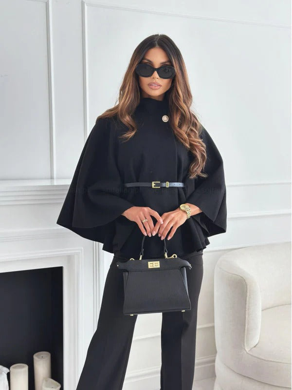Women’s Blouse – Poncho Style – High Neck – Belted Waist – Draped Relaxed Fit