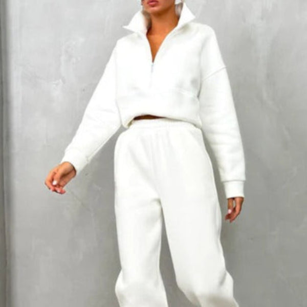 Women’s Two-Piece Sweat Set – Relaxed Fit – High Collar Half Zip Top – Elastic Waist Pants – Cotton Blend