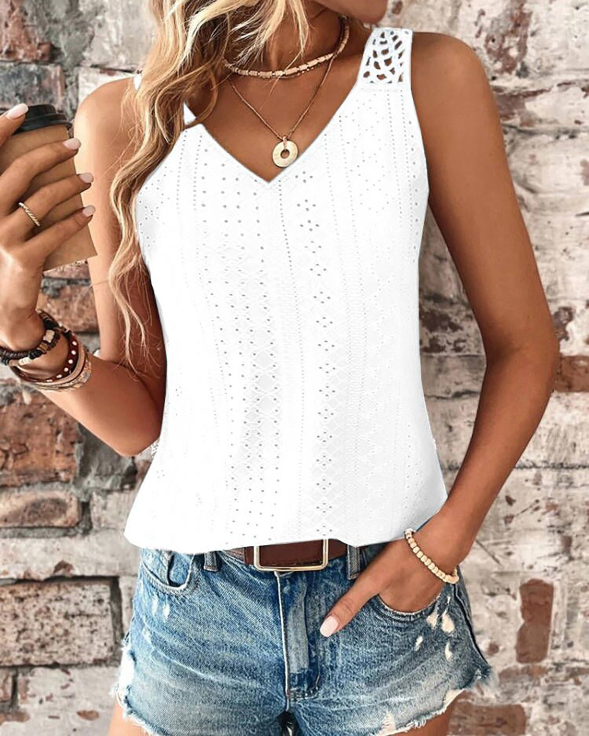 Women’s Sleeveless V-Neck T-Shirt – Relaxed Fit – Lace Straps – Eyelet Cotton Blend