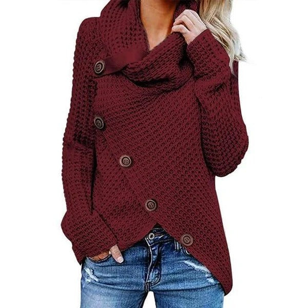 Women’s Sweatshirts – Relaxed Fit – Waffle Knit – Cowl Neck – Asymmetric Button Closure
