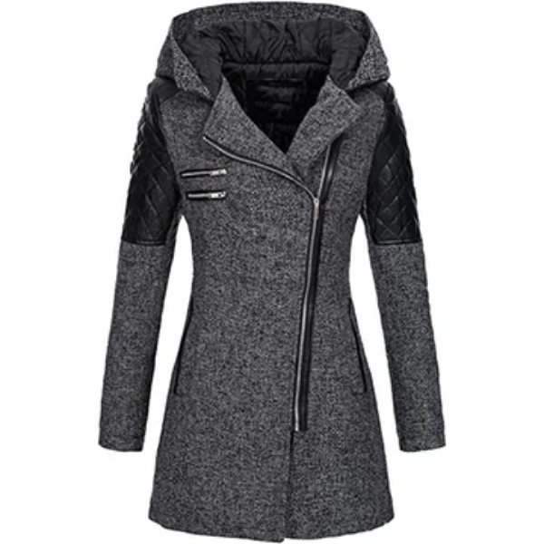 Women’s Jacket – Tailored Fit – Tweed Body – Quilted Sleeves – Asymmetrical Zip – Hooded