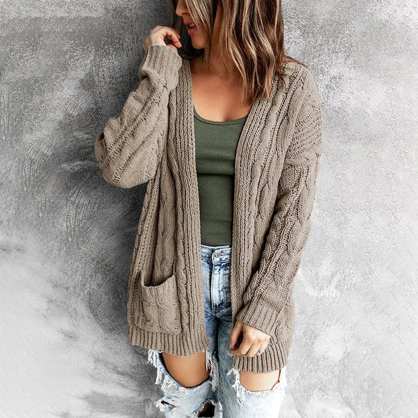 Women’s Knitted Cardigan – Relaxed Fit – Cable Knit – Open Front – Front Pockets