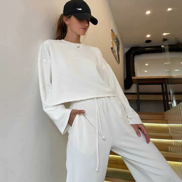 Women’s Top and Pants Set – Relaxed Fit – Cropped Crew Neck Top – Drawstring Waist