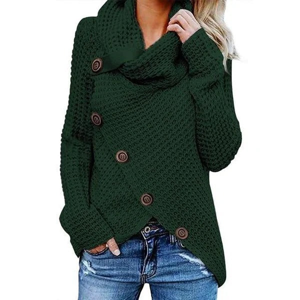 Women’s Sweatshirts – Relaxed Fit – Waffle Knit – Cowl Neck – Asymmetric Button Closure