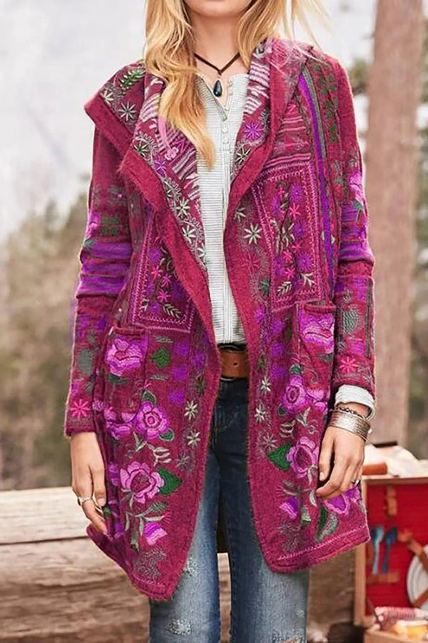 Women’s Tailored Coat – Relaxed Fit – Wool – Embroidered – Open Front – Mid Length