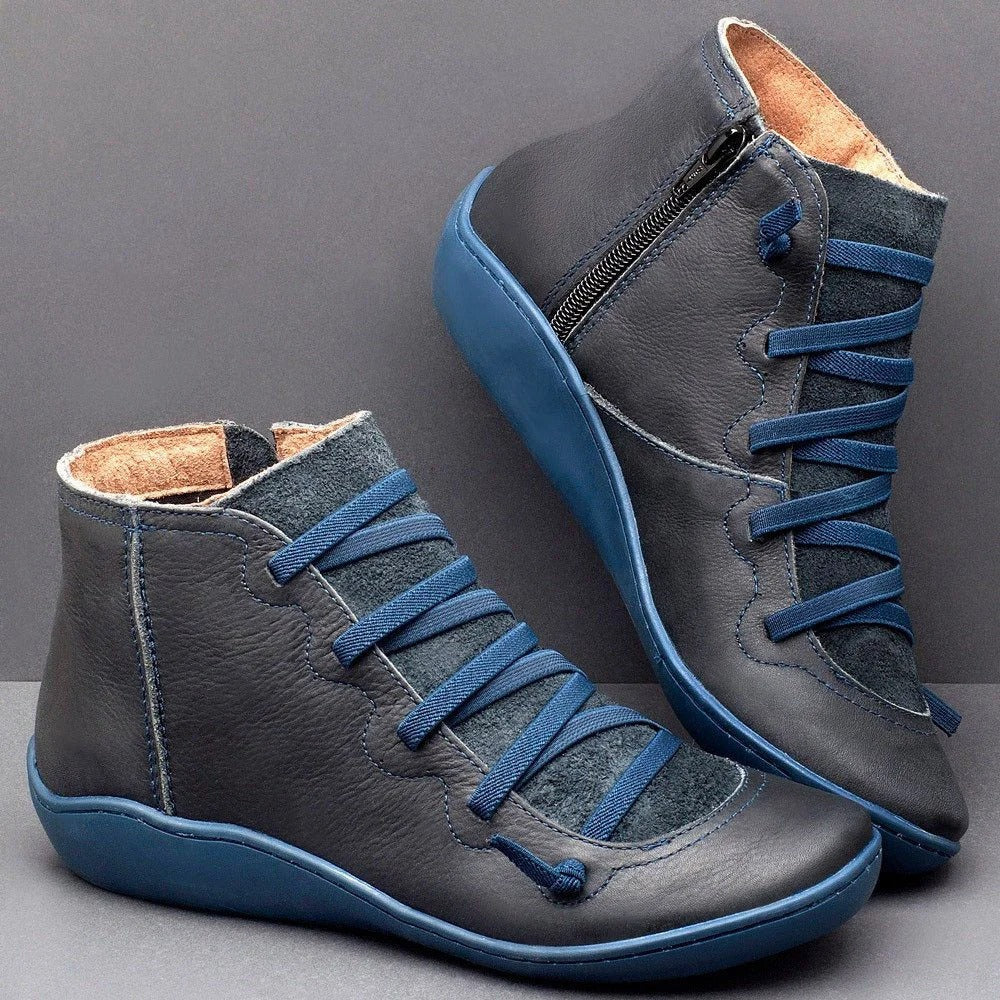 Women’s Ankle Boots – Smooth Leather Feel – Low Heel – Lace-Up Zipper – Casual Fit