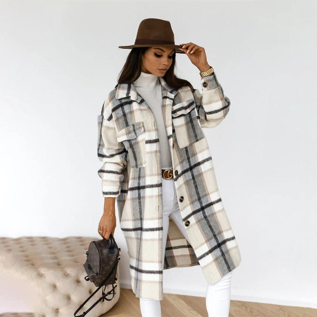 Women’s Long Coat – Relaxed Fit – Wool Feel – Checkered Pattern – Full Length