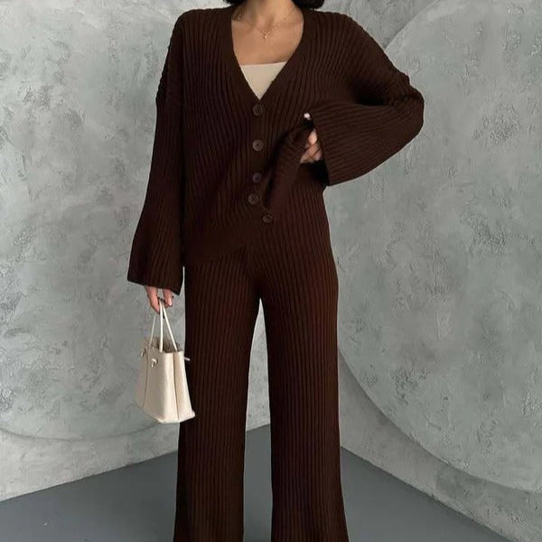 Women’s Two-Piece Loungewear Set – Knitted Ribbed – Oversized Top – Button Front – Full-Length Pants