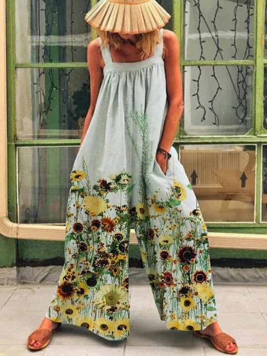 Women’s Wide-Leg Overall – Relaxed Fit – Sleeveless Artistic Print – Soft Breathable Fabric