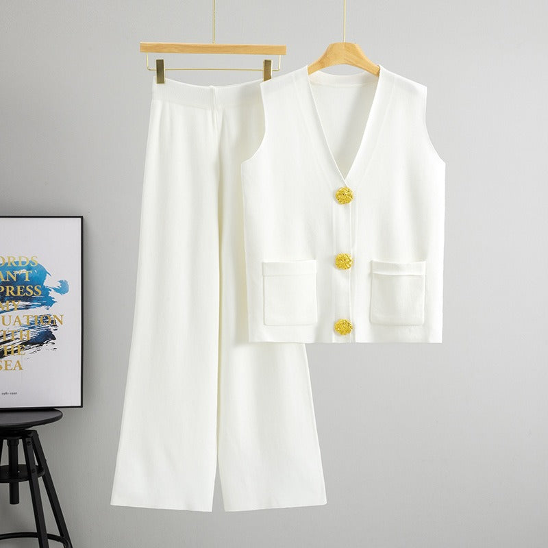 Women’s Two-Piece Set – Knitted Vest with Patch Pockets – Wide-Leg Pull-On Trousers