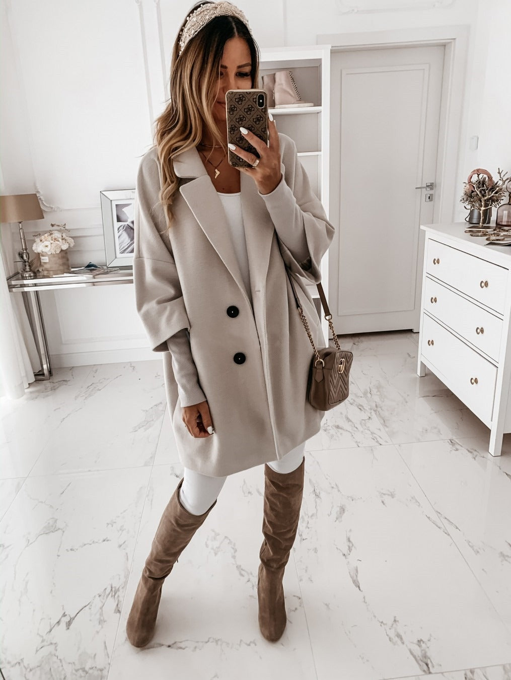 Women’s Wool Coat – Oversized Fit – Three-Quarter Sleeve – Button Front – Lapel Collar
