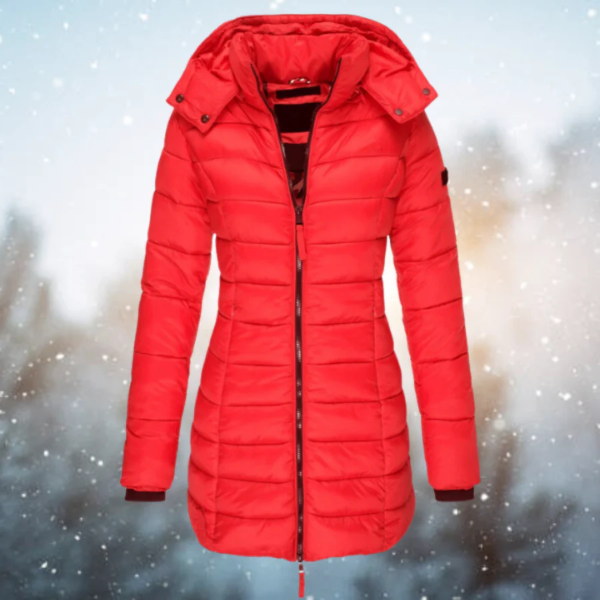 Women’s Long Puffer Jacket – Fitted Quilted Design – Water-Resistant – Detachable Hood