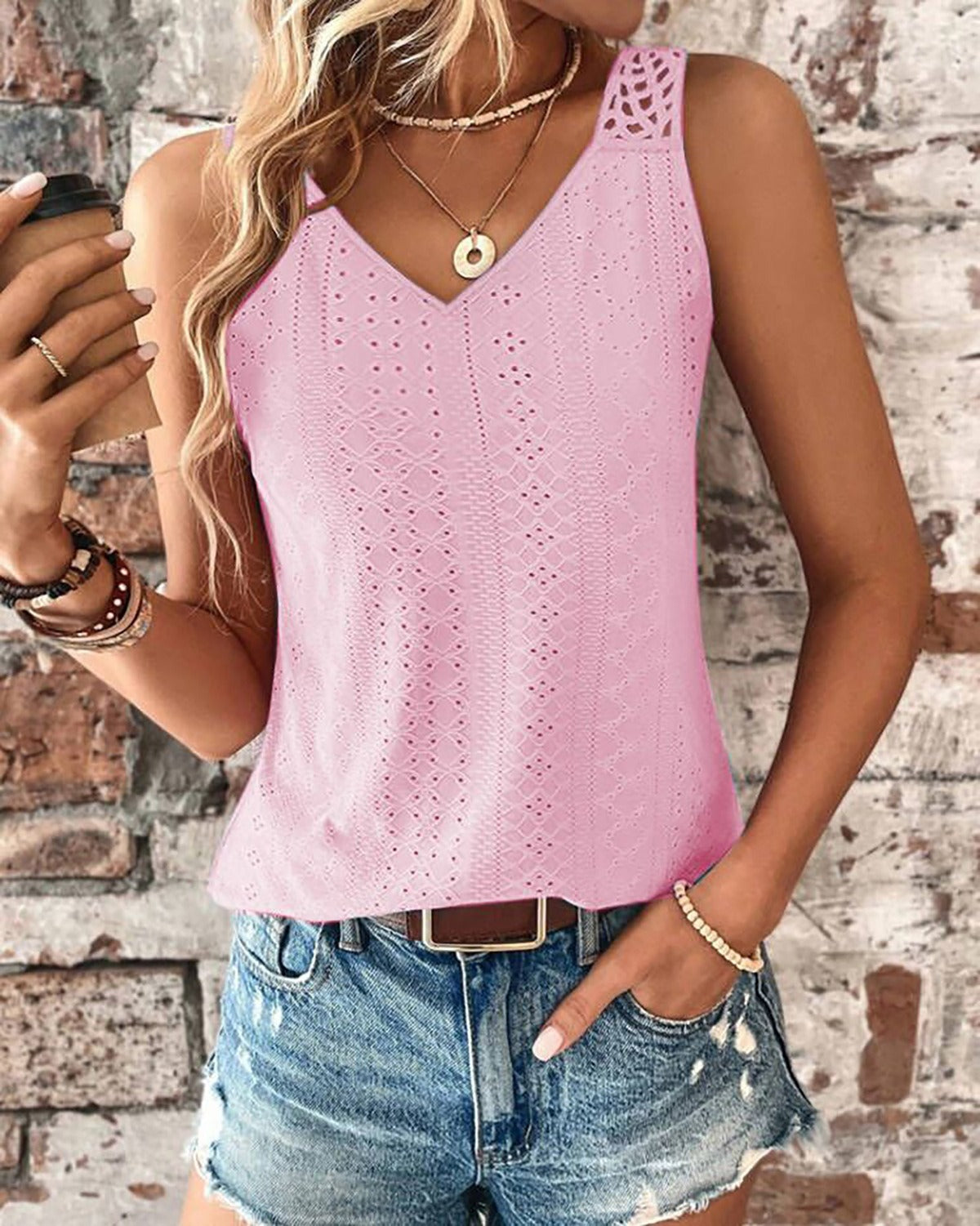 Women’s Sleeveless V-Neck T-Shirt – Relaxed Fit – Lace Straps – Eyelet Cotton Blend