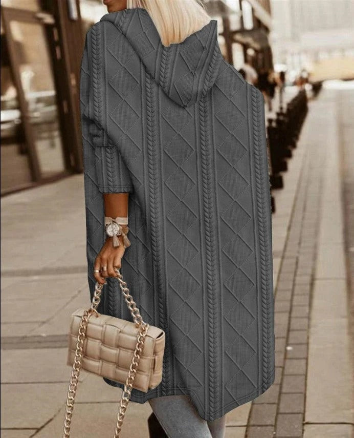 Women’s Knitted Cardigan – Oversized Fit – Cable Knit – Longline Hooded Open Front
