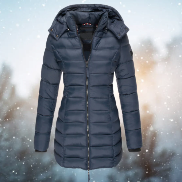 Women’s Long Puffer Jacket – Fitted Quilted Design – Water-Resistant – Detachable Hood