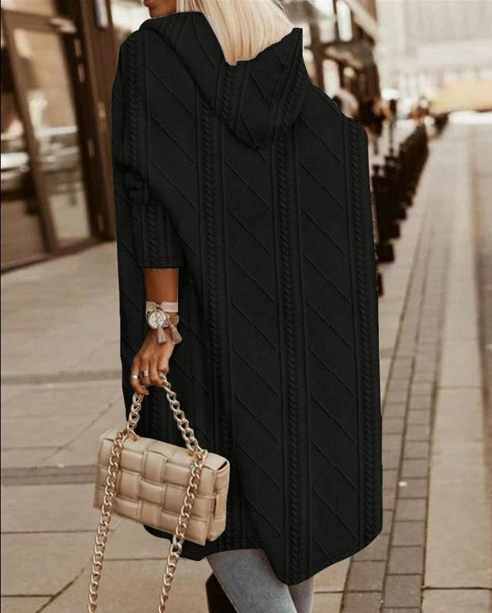 Women’s Knitted Cardigan – Oversized Fit – Cable Knit – Longline Hooded Open Front