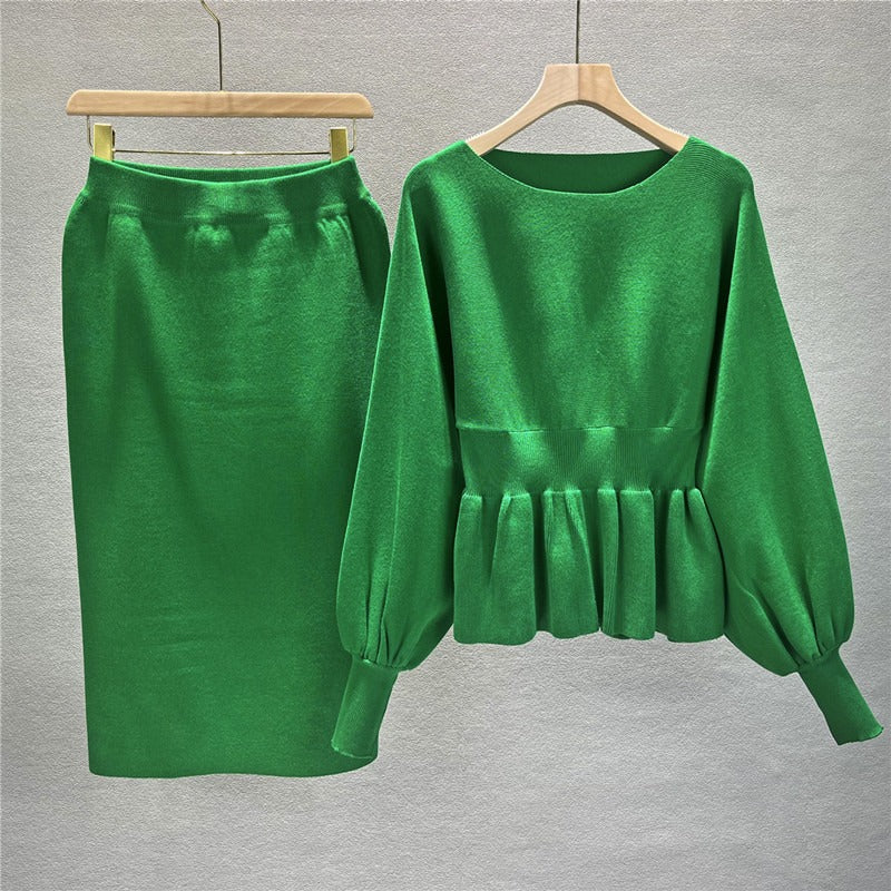 Women’s Two-Piece Knit Suit – Peplum Top with Balloon Sleeves – High Waist Midi Skirt