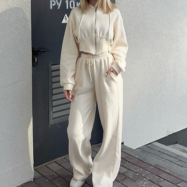 Women’s Two-Piece Lounge Set – Oversized Hoodie Zip Sweatshirt – Wide-Leg Pants – Cotton Blend