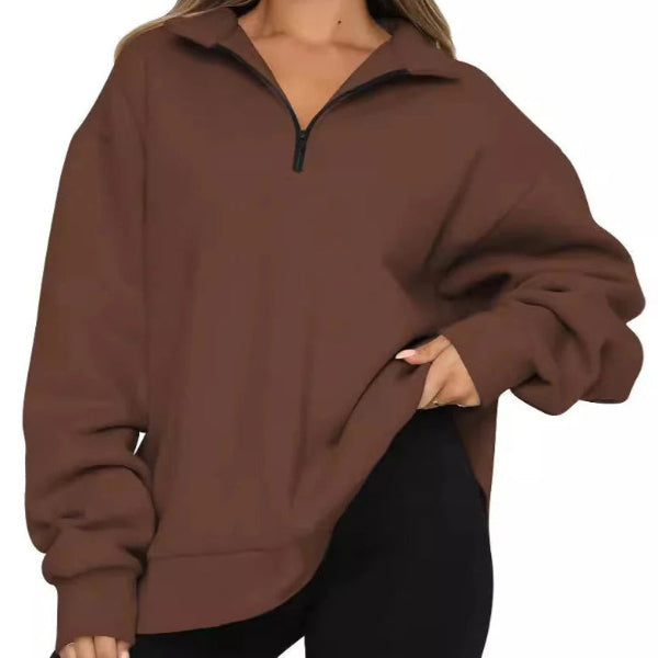 Women’s Oversized Sweatshirt – Cotton – High Collar – Short Zip – Relaxed Fit