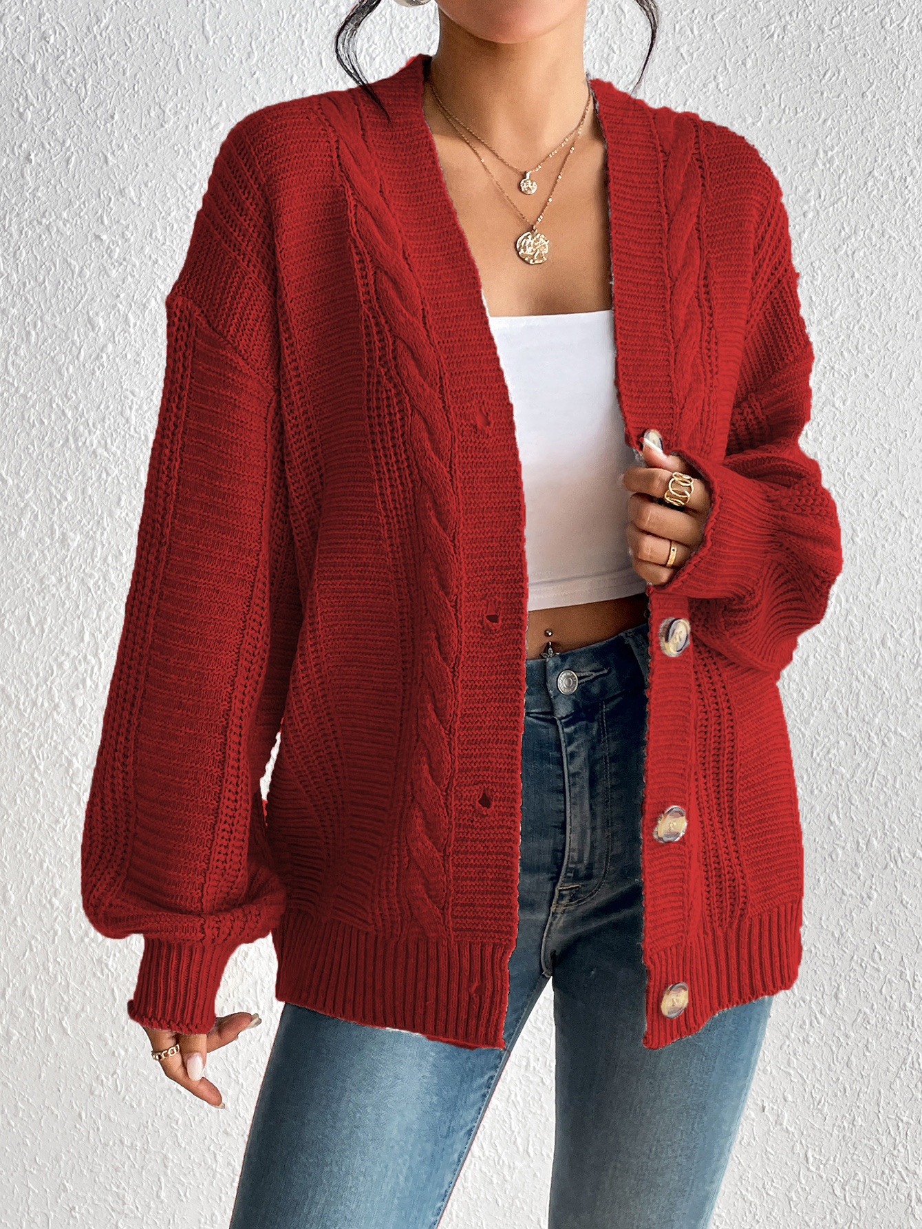 Women’s Cardigan Jacket – Wool Knit – Oversized Fit – Cable Pattern – Button Front