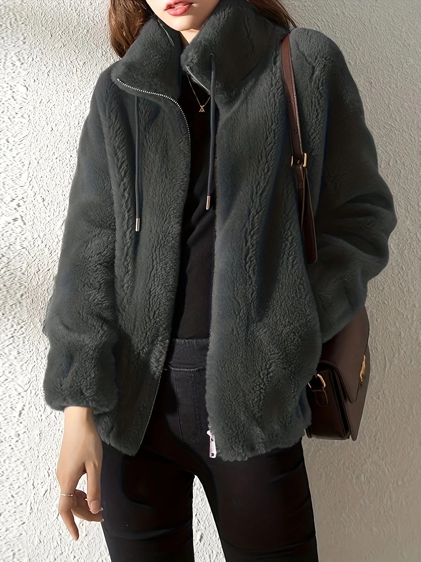 Women’s Jacket - Plush Texture - Stand-Up Collar - Hip Length - Relaxed Fit