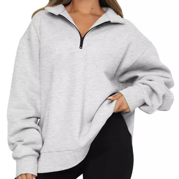 Women’s Oversized Sweatshirt – Cotton – High Collar – Short Zip – Relaxed Fit