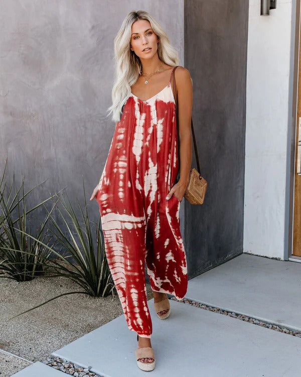 Women’s Jumpsuit – Tie-Dye Print – Relaxed Fit – Wide Leg – Spaghetti Strap V-Neck