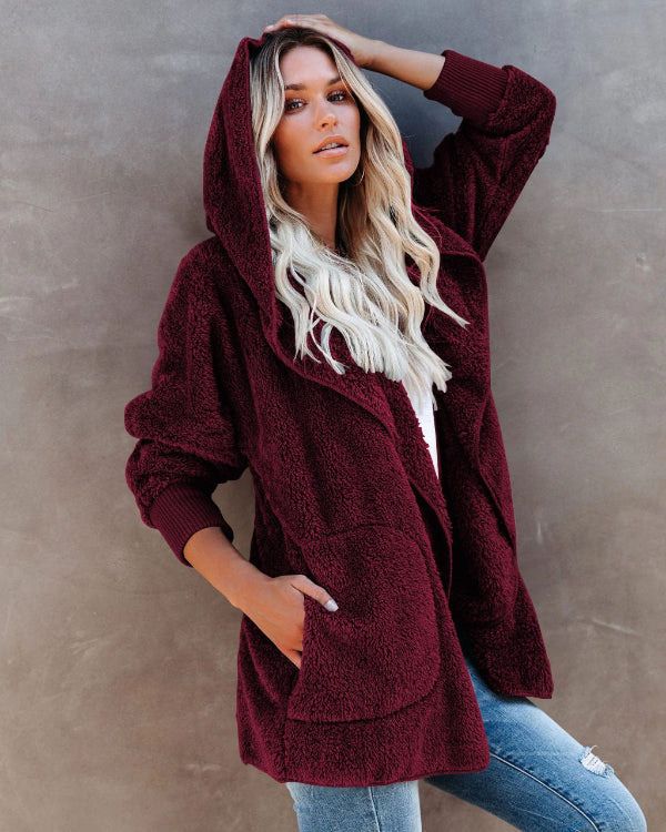 Women’s Hooded Cardigan – Sherpa Fleece – Oversized Fit – Open Front with Pockets